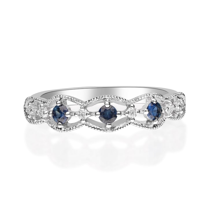 Gin & Grace 18K White Gold Real Diamond Ring (I1) with Natural Blue Sapphire