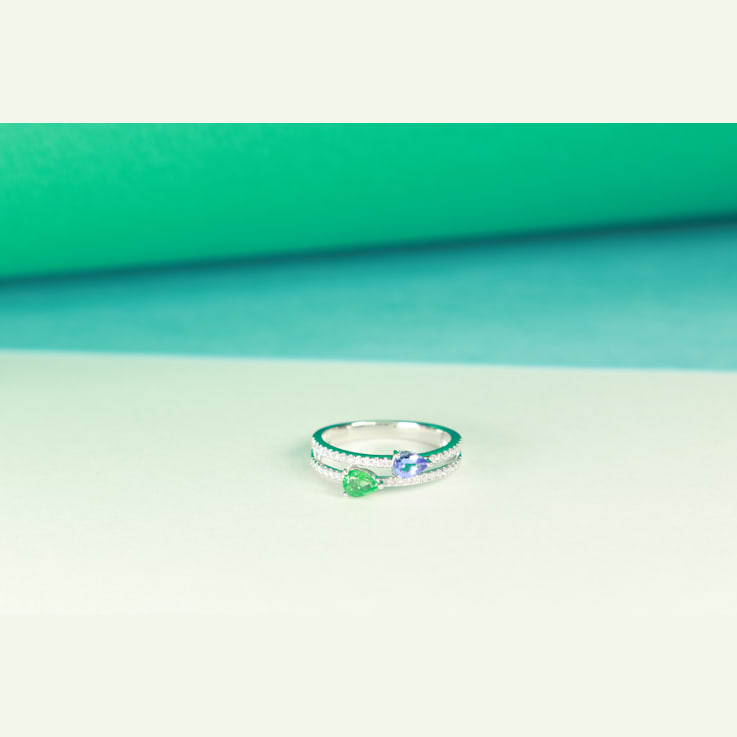 Gin and Grace 18K White Gold Natural Zambian Emerald & Tanzanite
Ring with Real Diamonds