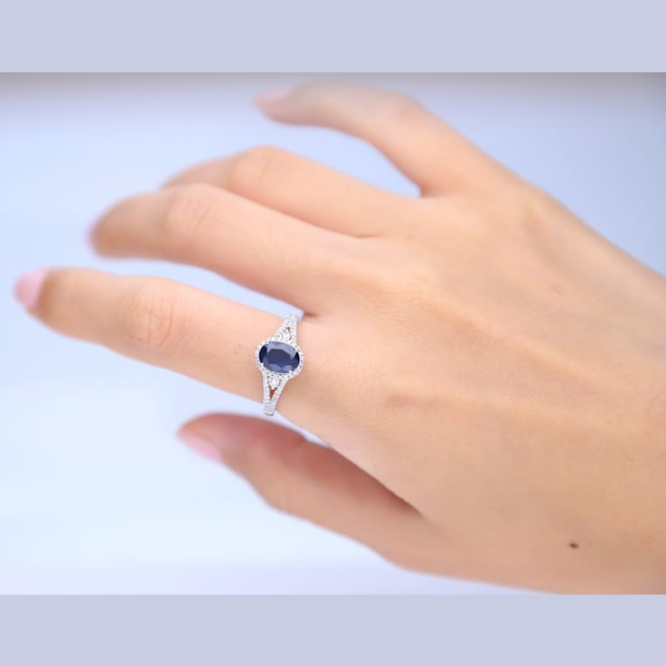 Gin and Grace 10K White Gold Natural Blue Sapphire Ring with Real Diamonds