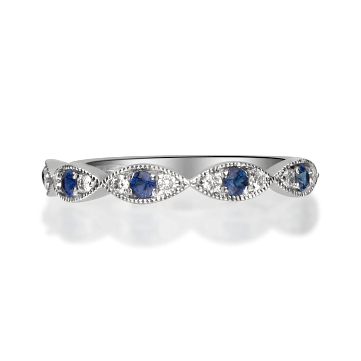 Gin & Grace 14K White Gold Real Diamond Ring (I1) with Natural Blue Sapphire