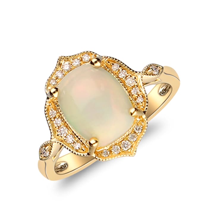 Gin & Grace 14K Yellow Gold White Natural Ethiopian Opal Wtih Real
Diamond (I1) Ring
