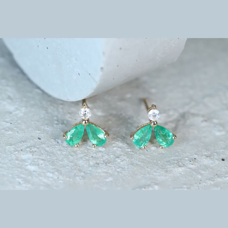 Gin and Grace10K Yellow Gold Natural Zambian Emerald Earrings with Real Diamonds