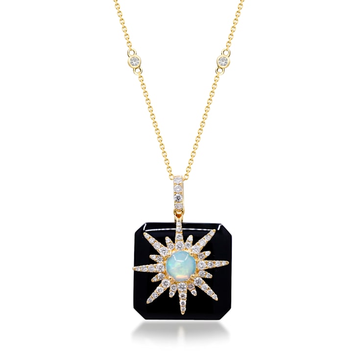 Gin & Grace 14K Yellow Gold Ethiopian Opal and Onyx Pendant with Diamonds