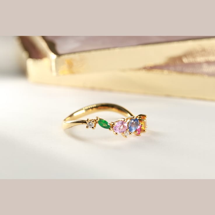 Gin & Grace 18K Yellow Gold Real Diamond Ring (I1) with Natural
Emerald & Multi Sapphire