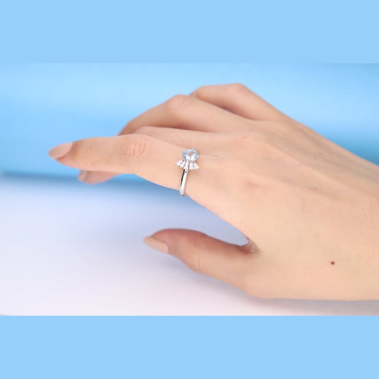 Gin & Grace 18K White Gold Aquamarine Ring with Diamond