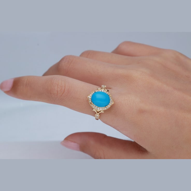 Gin and Grace 14K Yellow Gold Natural Turquoise Ring with Real Diamonds