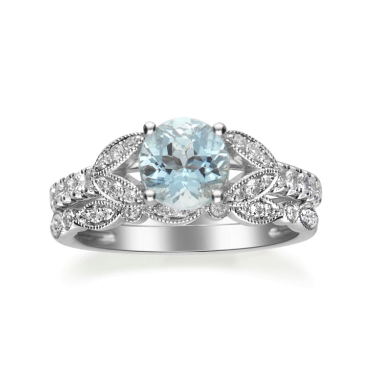 Gin & Grace 14K White Gold Blue Aquamarine Ring with Diamond