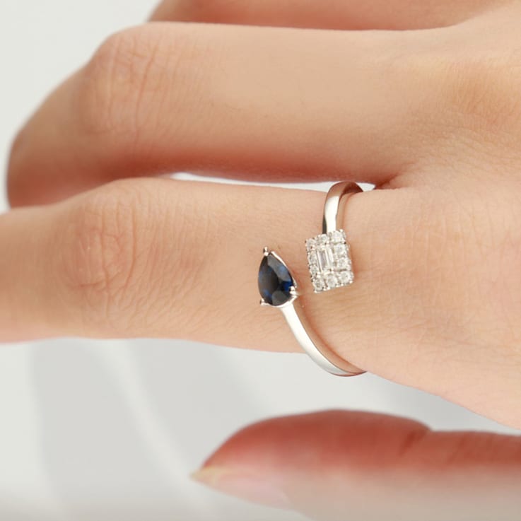 Gin & Grace 18K White Gold Diamond Ring with Blue Sapphire