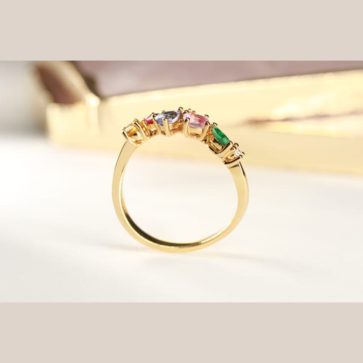 Gin & Grace 18K Yellow Gold Real Diamond Ring (I1) with Natural
Emerald & Multi Sapphire