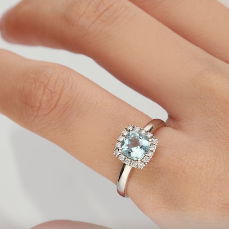Gin & Grace 14K White Gold Blue Aquamarine Ring with Diamond
