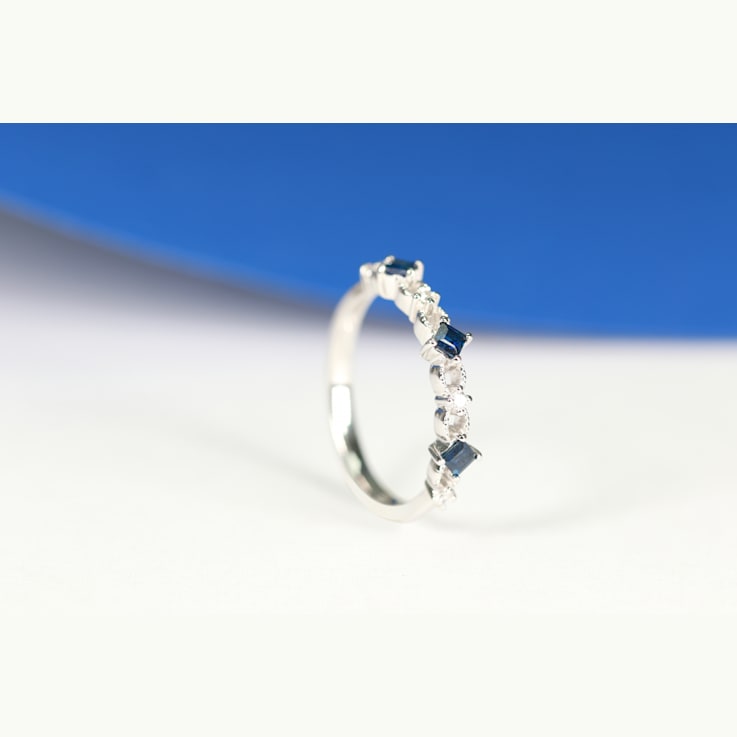 Gin & Grace 18K White Gold Real Diamond Ring (I1) with Natural Blue Sapphire