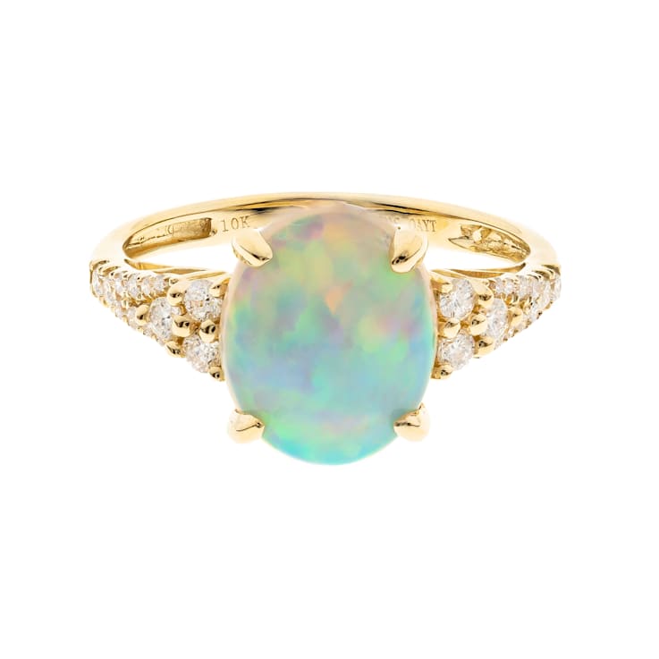 Gin & Grace 10K Yellow Gold Real Diamond Ring (I1) with Natural Opal