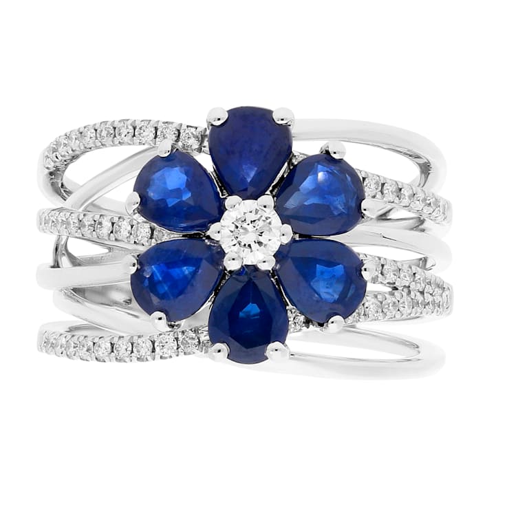Gin & Grace 18K White Gold Real Diamond Ring (I1) with Natural Blue Sapphire