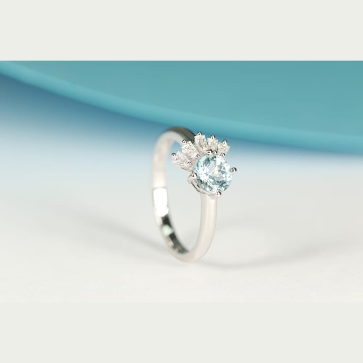 Gin & Grace 18K White Gold Aquamarine Ring with Diamond
