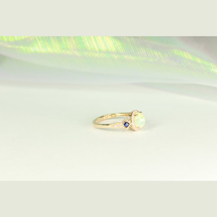 Gin & Grace 14K Yellow Gold Natural Australian Opal, Blue Sapphire
with Real Diamond Ring