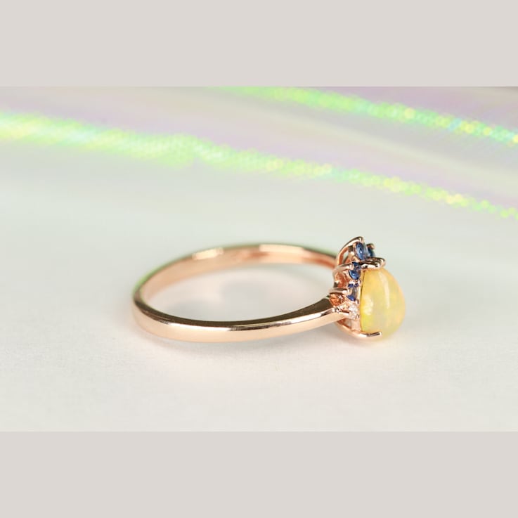 Gin & Grace 14K Yellow Gold Real Diamond Ring (I1) with Natural Opal
& Blue Sapphire