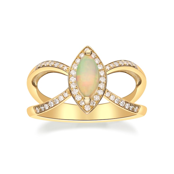Gin & Grace 10K Yellow Gold Real Diamond Ring (I1) with Natural Opal