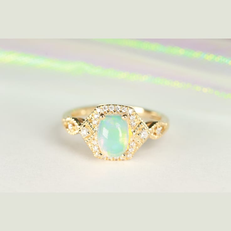 Gin & Grace 14K Yellow Gold Real Diamond Ring (I1) with Natural Opal