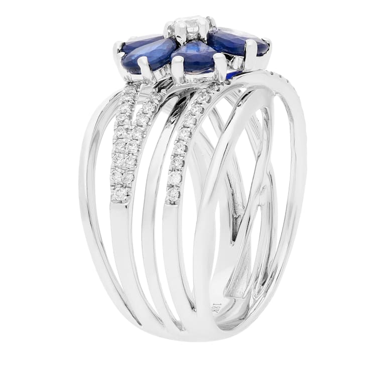 Gin & Grace 18K White Gold Real Diamond Ring (I1) with Natural Blue Sapphire