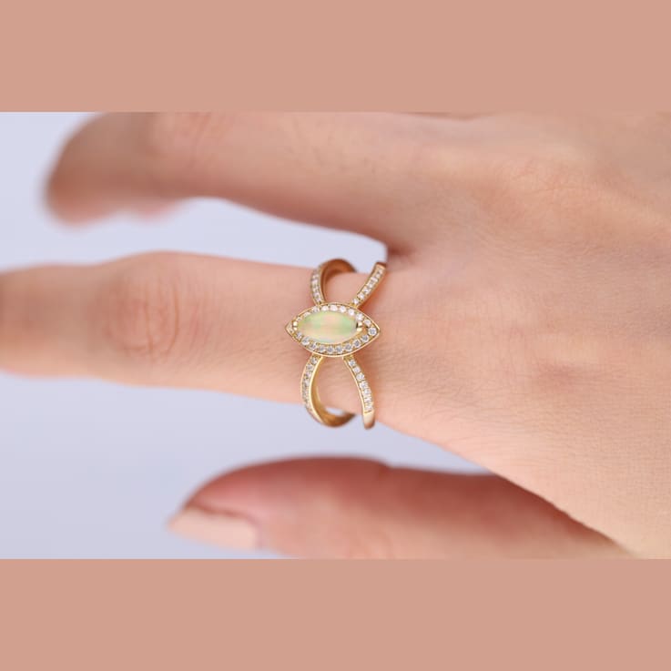 Gin & Grace 10K Yellow Gold Real Diamond Ring (I1) with Natural Opal