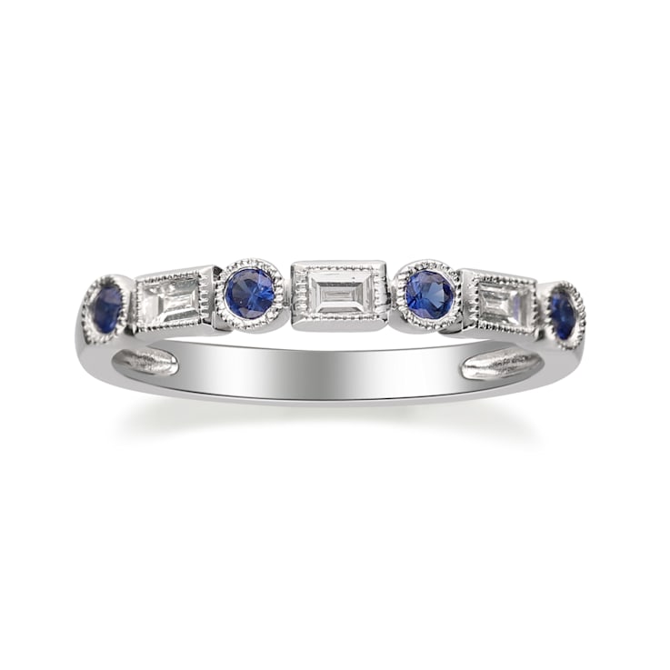 Gin & Grace 18K White Gold Real Diamond Ring (I1) with Natural Blue Sapphire