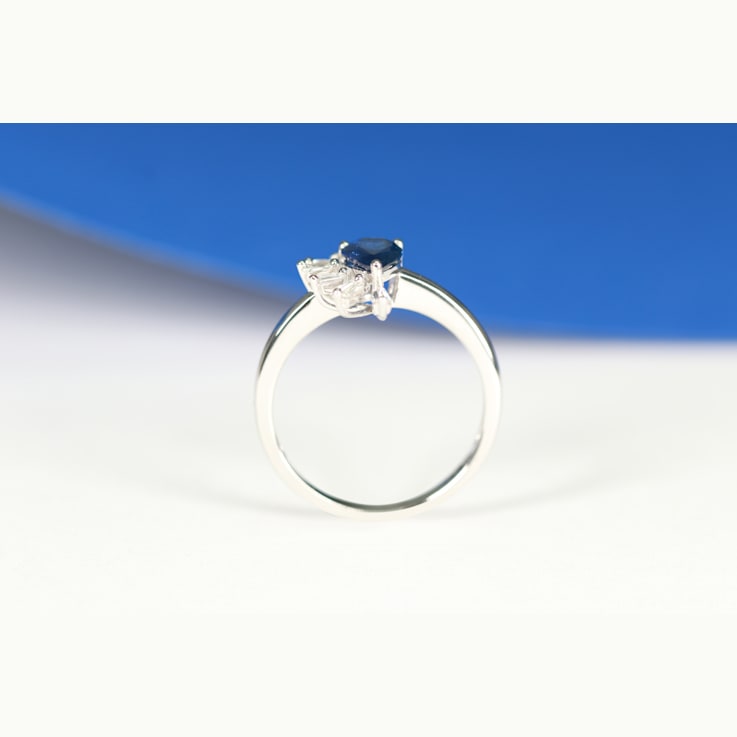 Gin & Grace 14K White Gold Real Diamond Ring (I1) with Blue Sapphire