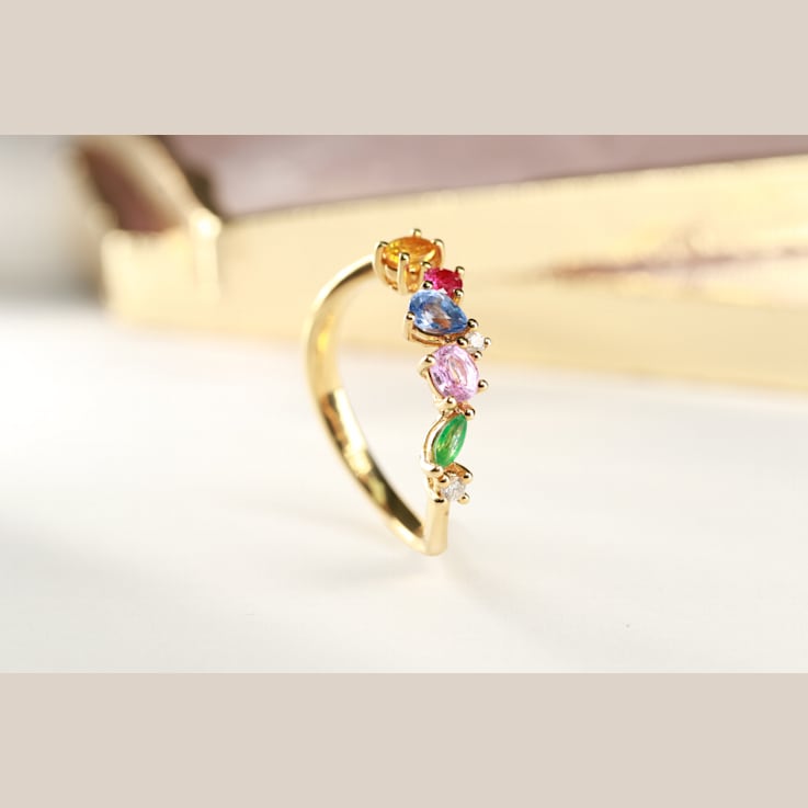 Gin & Grace 18K Yellow Gold Real Diamond Ring (I1) with Natural
Emerald & Multi Sapphire