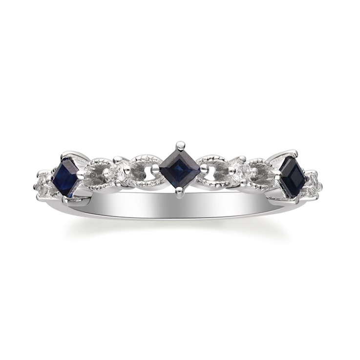 Gin & Grace 18K White Gold Real Diamond Ring (I1) with Natural Blue Sapphire