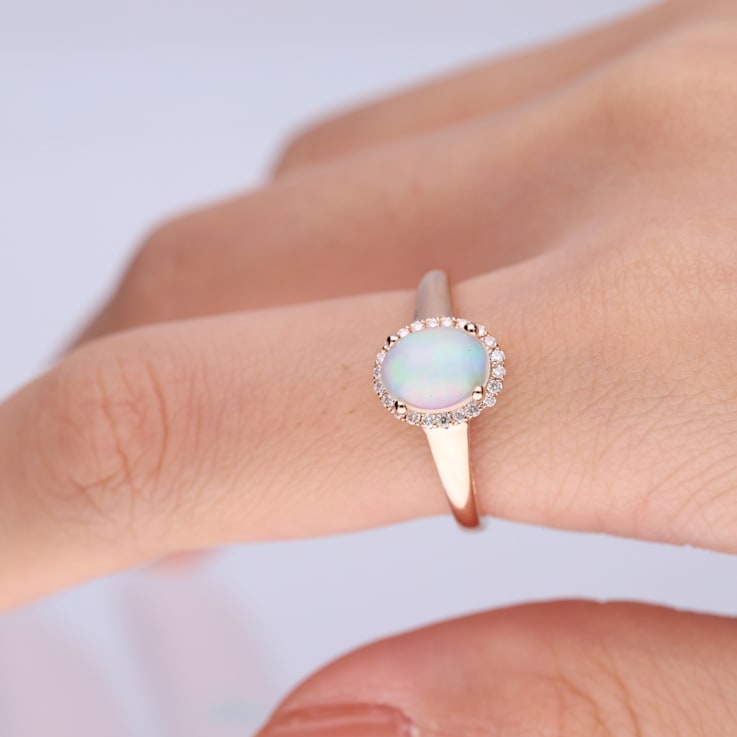 Gin & Grace 14K Rose Gold Real Diamond Ring (I1) with Natural Opal