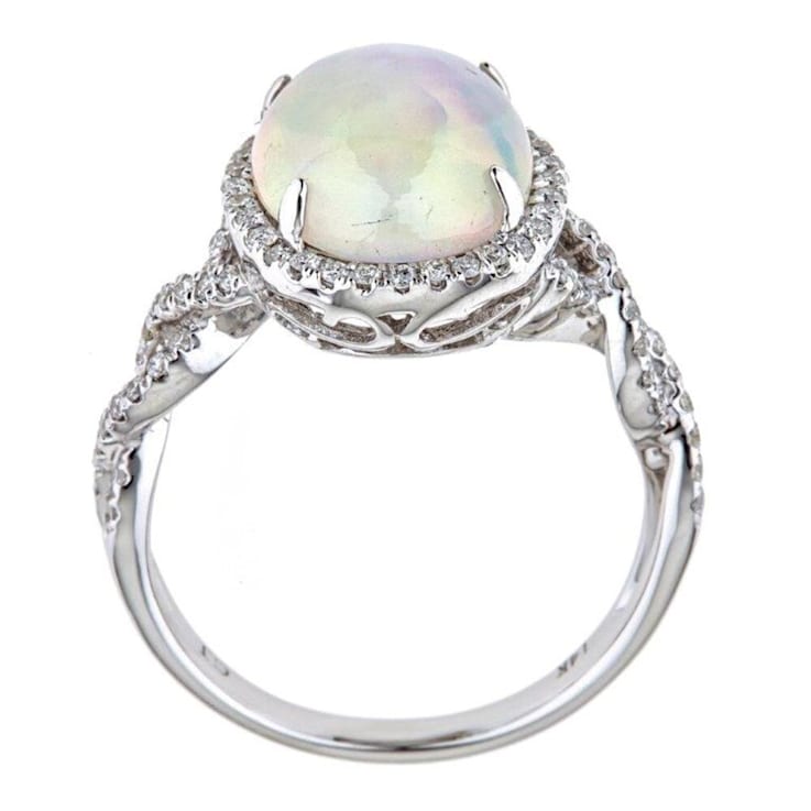 Gin & Grace 14K White Gold Real Diamond Ring (I1) with Natural Opal