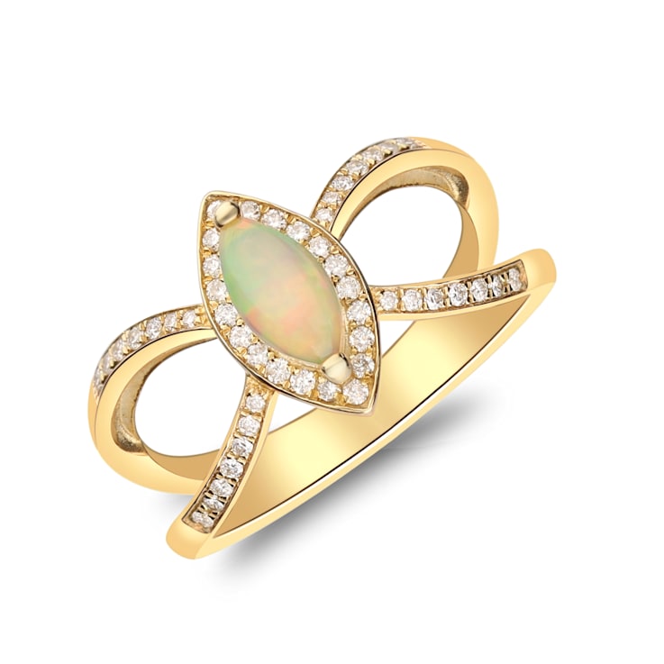 Gin & Grace 10K Yellow Gold Real Diamond Ring (I1) with Natural Opal