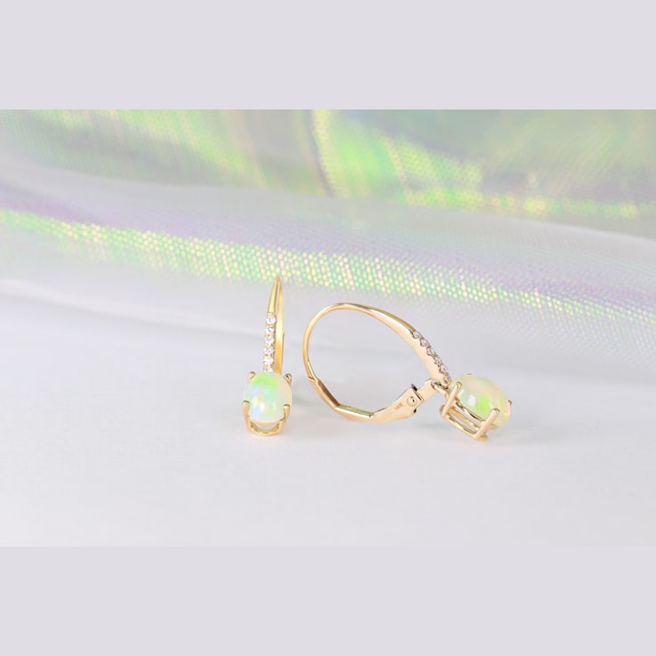 Gin & Grace 14K Yellow Gold Real Diamond(I1) LeverBack Drop Earring
with Natural Australian Opal