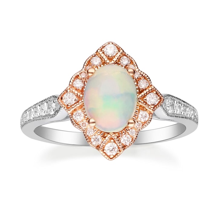 Gin & Grace 14K Two Tone Gold Real Diamond Ring (I1) with Natural Opal