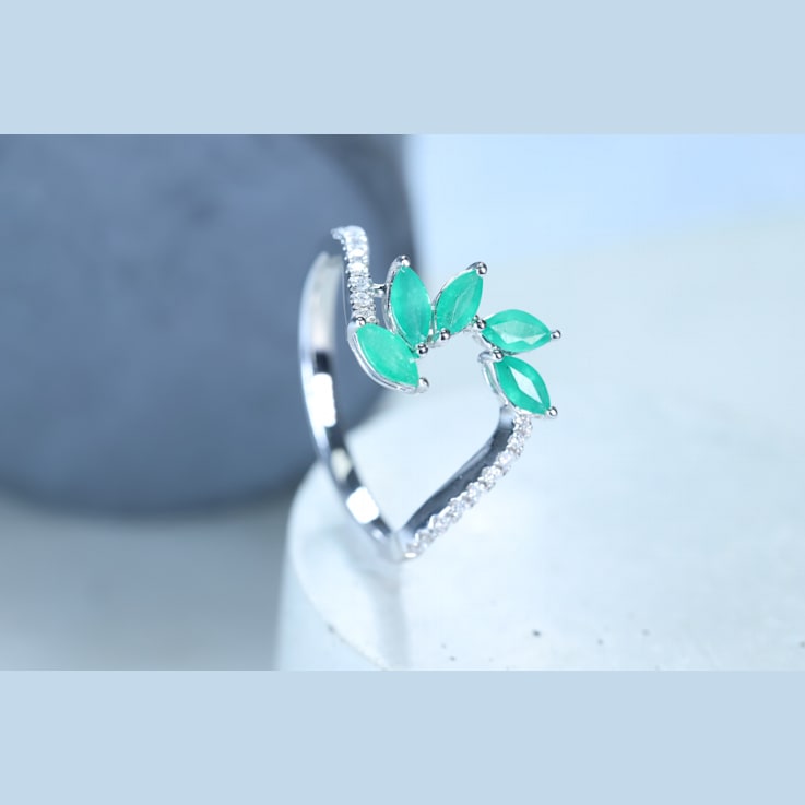 Gin and Grace 18K White Gold Natural Zambian Emerald Ring with Real Diamonds