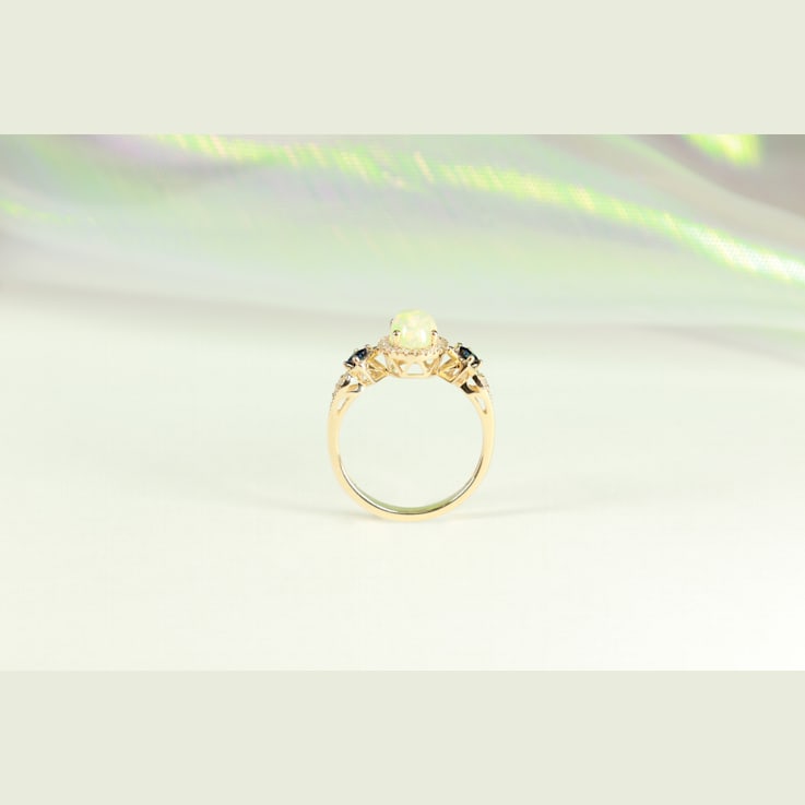 Gin & Grace 14K Yellow Gold Natural Australian Opal, Blue Sapphire
with Real Diamond Ring