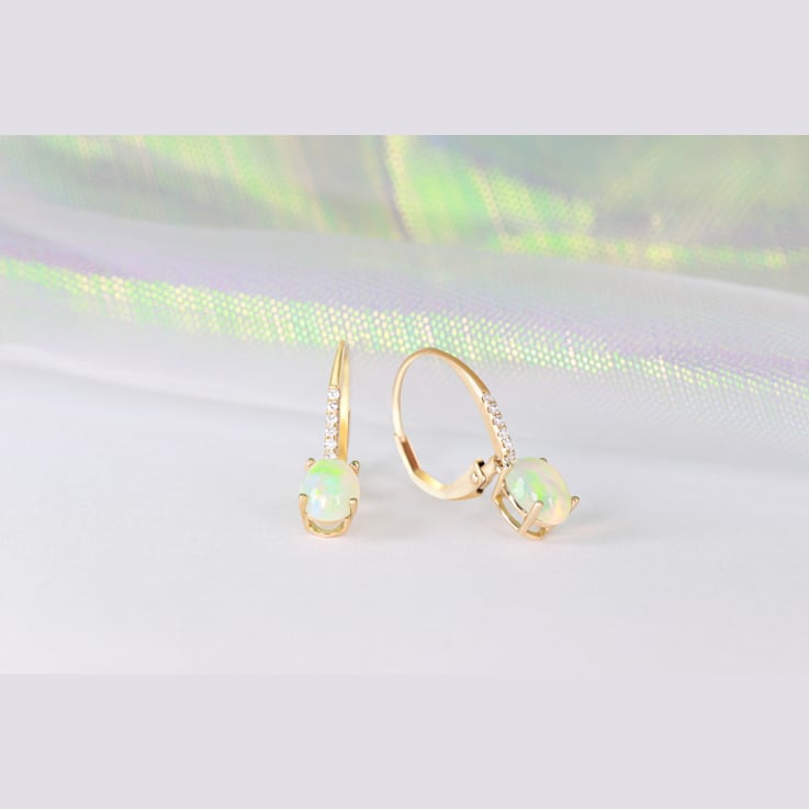 Gin & Grace 14K Yellow Gold Real Diamond(I1) LeverBack Drop Earring
with Natural Australian Opal