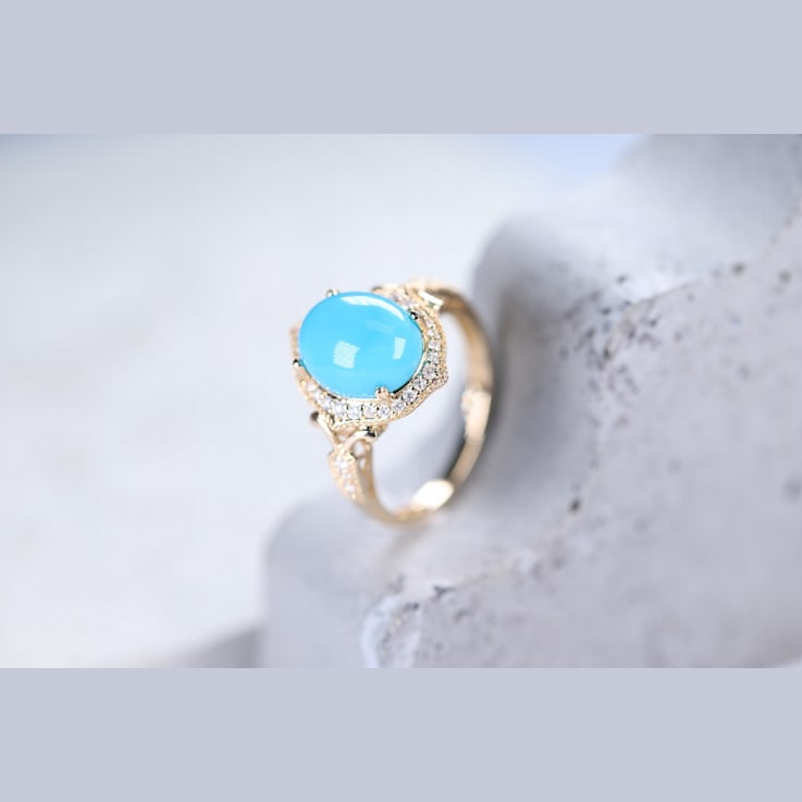 Gin and Grace 14K Yellow Gold Natural Turquoise Ring with Real Diamonds