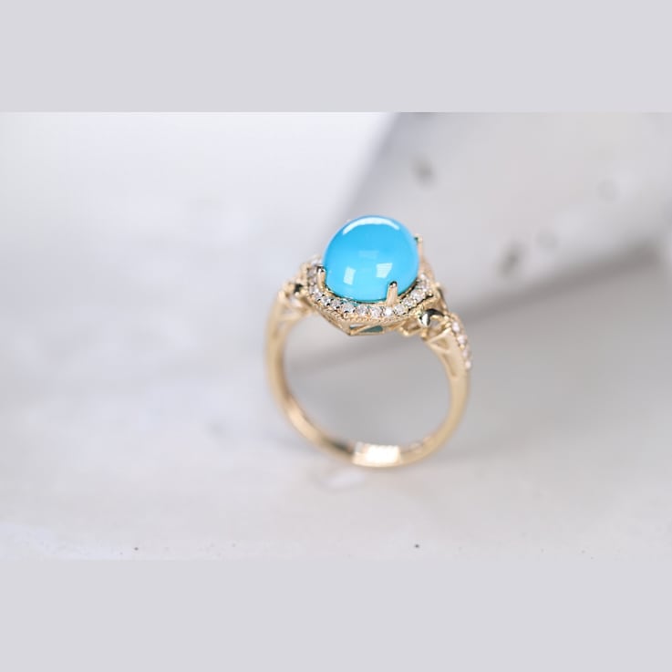 Gin and Grace 14K Yellow Gold Natural Turquoise Ring with Real Diamonds