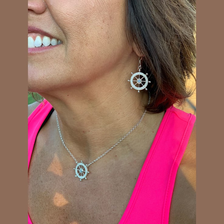 Sterling Silver Ship's Wheel Necklace with Rolo Chain and Crystal and CZ Accents.