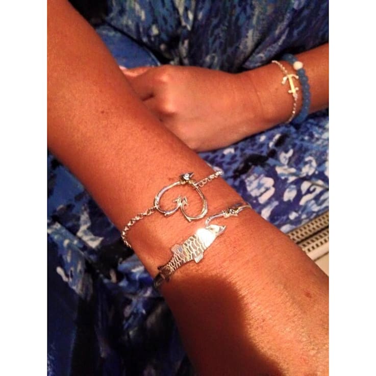Sterling Silver Tarpon and Fishing Hook Bangle Bracelet with Blue CZ Accent.