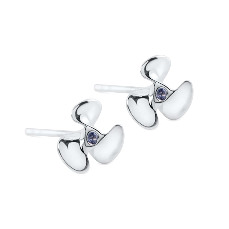 Sterling Silver Propeller Stud Earrings with Blue CZ Accents.