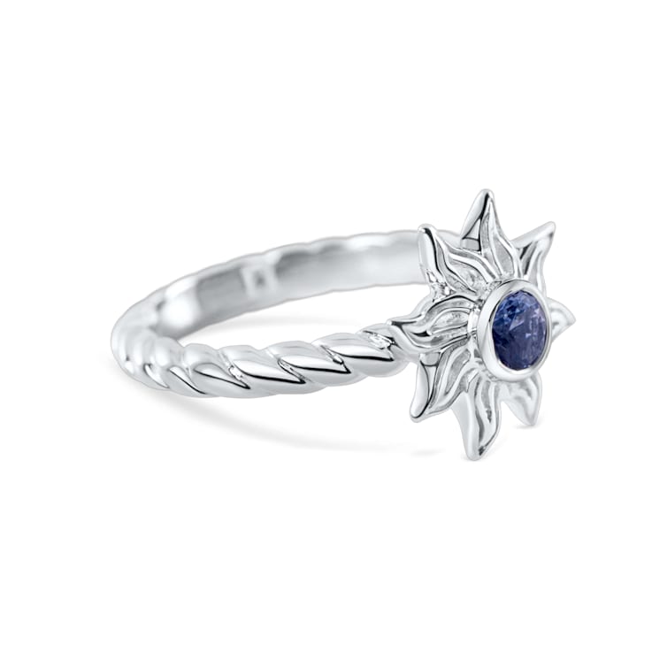 Sterling Silver Sun Ring with Rope Design and Blue CZ Center.
