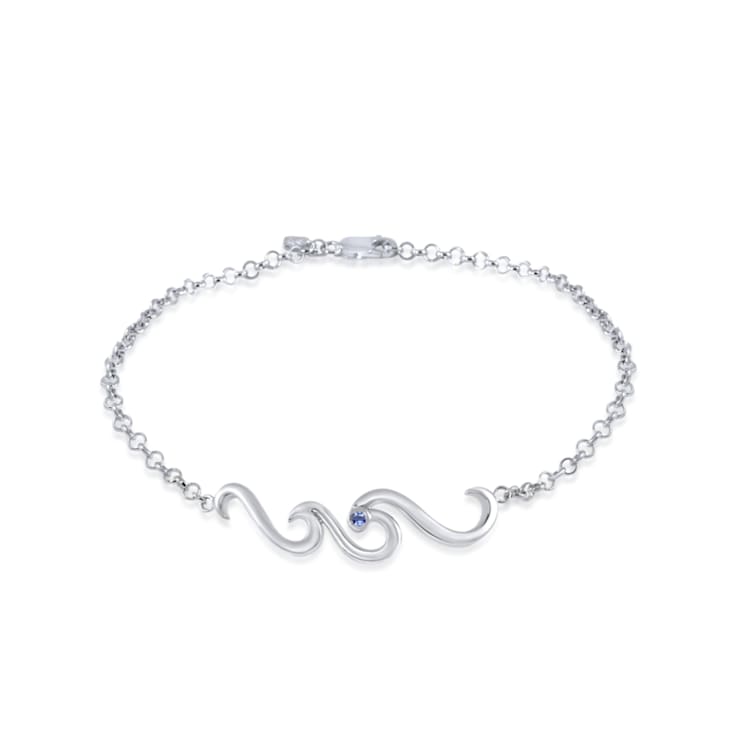 Sterling Silver Wave Anklet with Blue CZ Accent. 1132XA