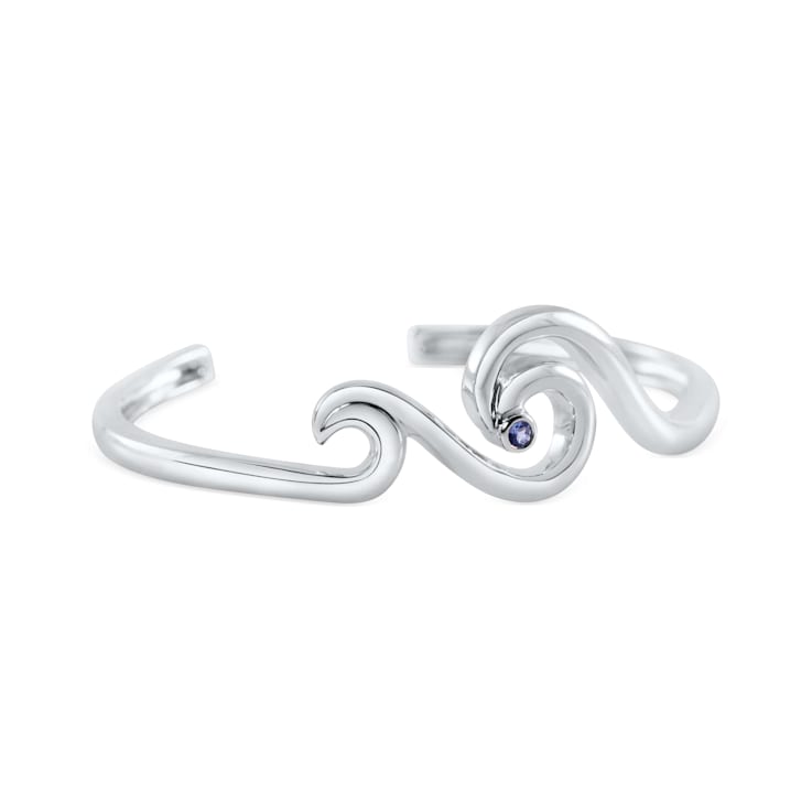 Sterling Silver Wave Cuff Bracelet with Blue CZ Accent.