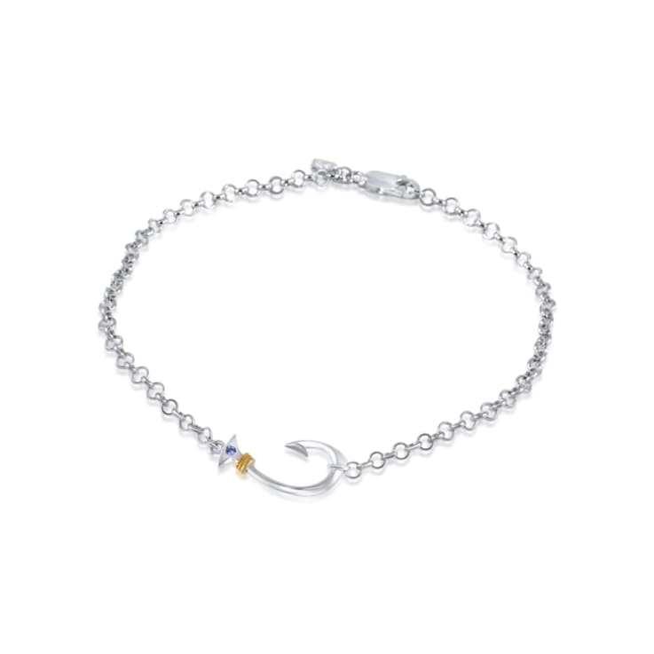 Sterling Silver Fishing Hook Rolo Chain Bracelet with Blue CZ Accent.