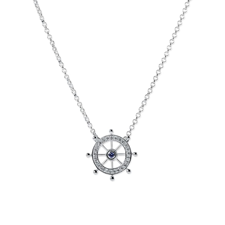 Sterling Silver Ship's Wheel Necklace with Rolo Chain and Crystal and CZ Accents.