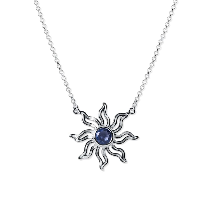 Sterling Silver Sun Necklace with Rolo Chain and Blue CZ Center.