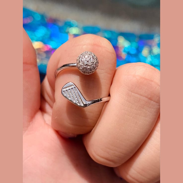Rhodium over Sterling Silver Golf Club and Ball Ring with Crystal Accents.