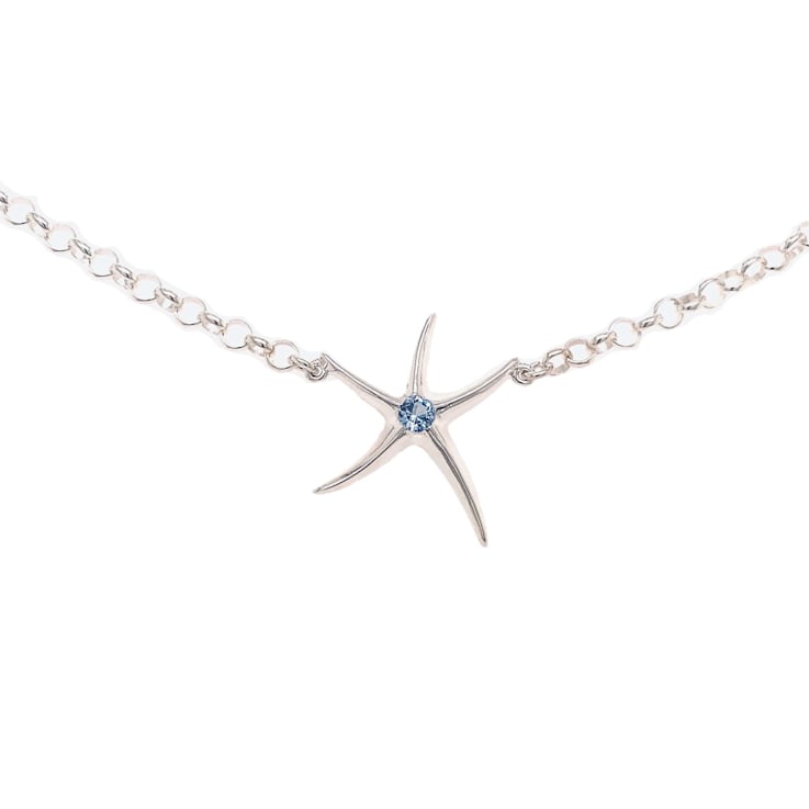 Sterling Silver Starfish Anklet with Blue CZ Center Stone.