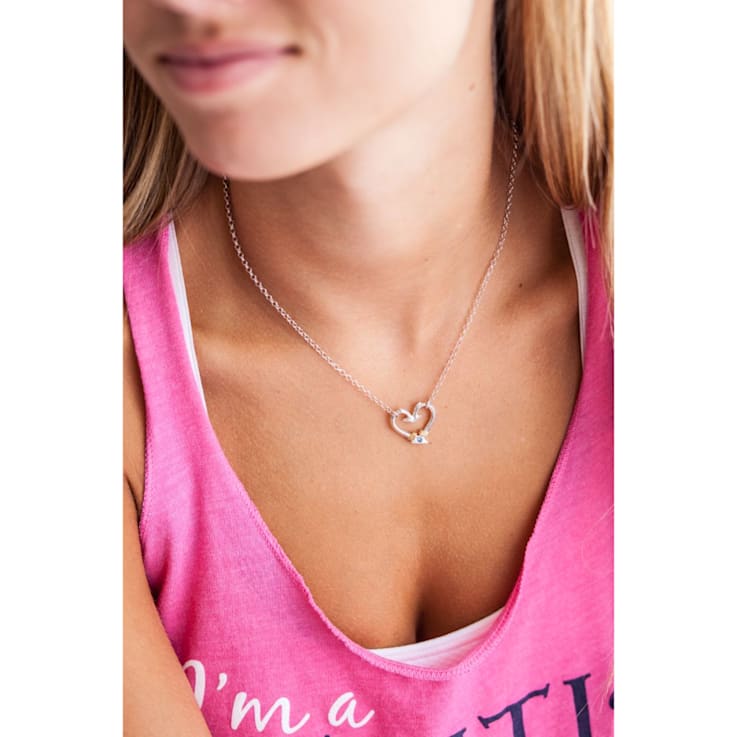 Sterling Silver Small Fishing Hook Heart Necklace with Blue CZ Accent.